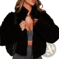 Black fluffy shearling winter jacket for women with front zipper high collar and soft warm material