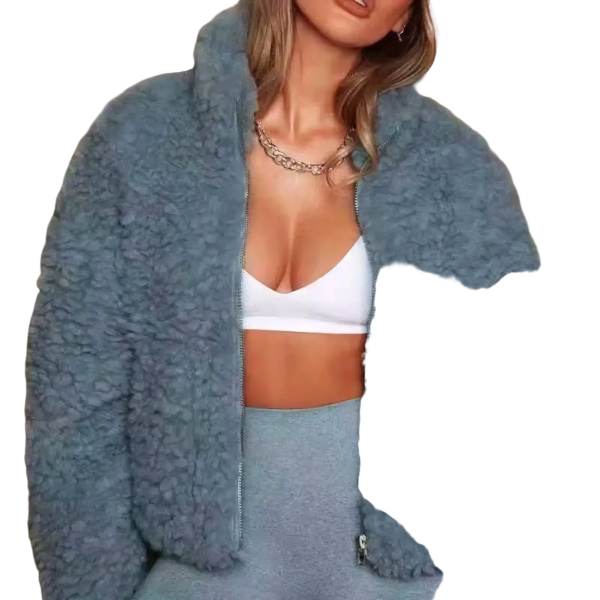 Women’s fluffy shearling winter jacket in light blue with plush textured exterior and front zipper closure