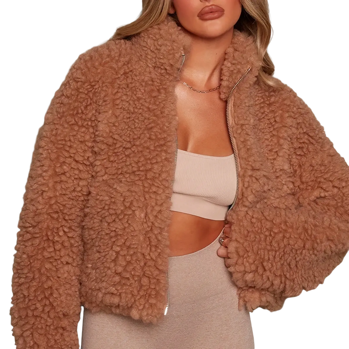 Tan faux fur cropped jacket with high collar and front zipper designed as a women’s fluffy shearling winter jacket