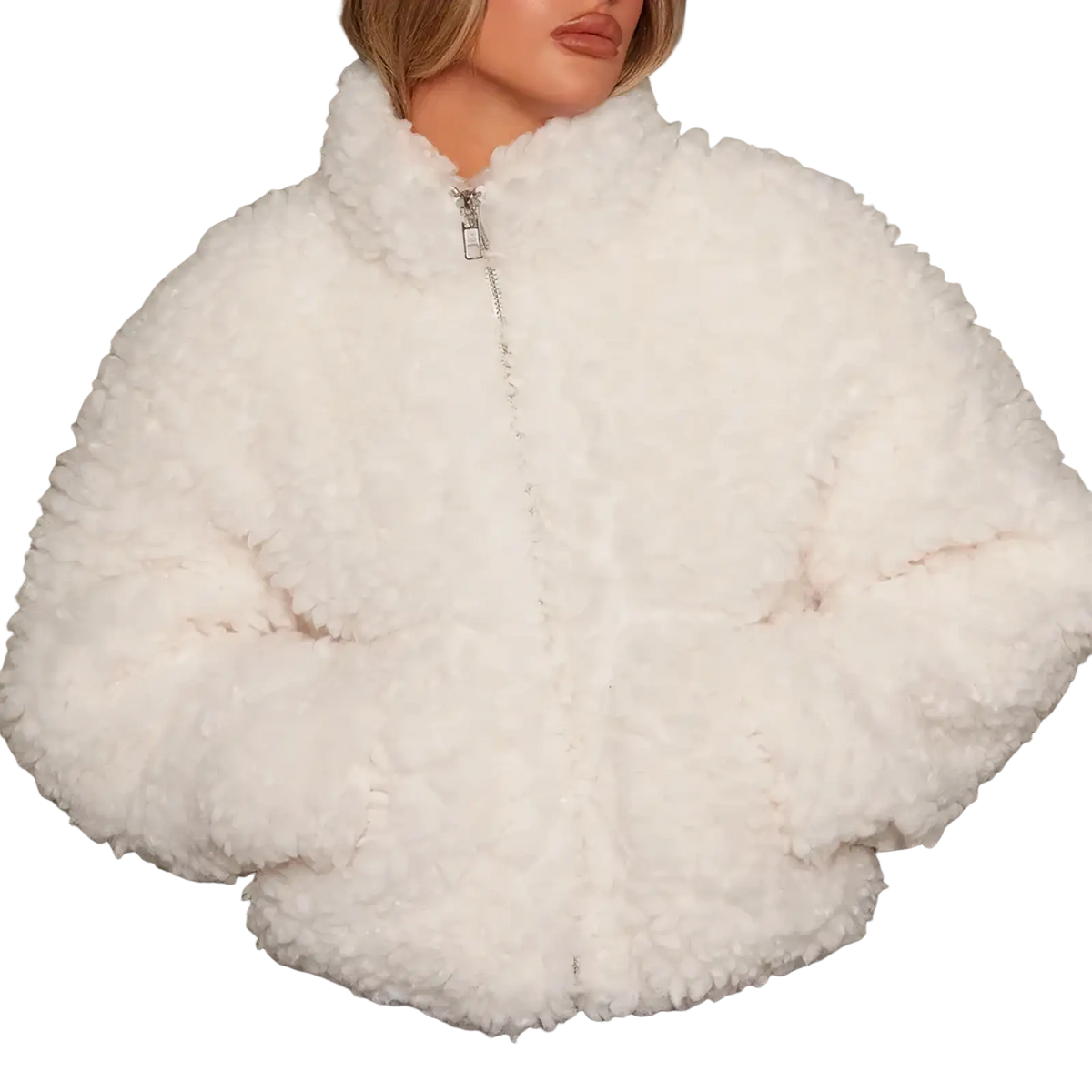 White fluffy shearling winter jacket for women with high collar and silver zipper detailing