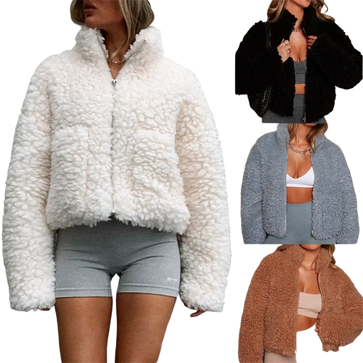 White fluffy shearling style cropped jacket with high collar and front zipper for women winter wear