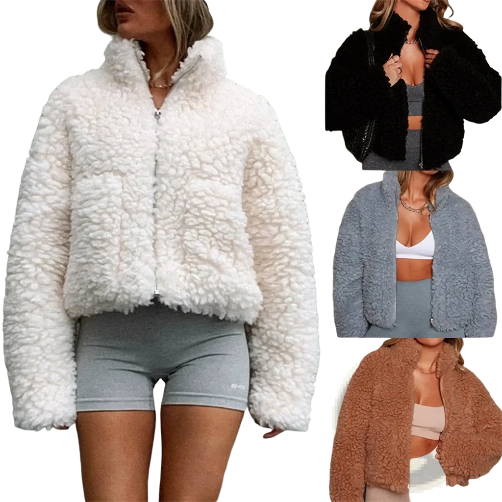 White fluffy shearling style cropped jacket with high collar and front zipper for women winter wear