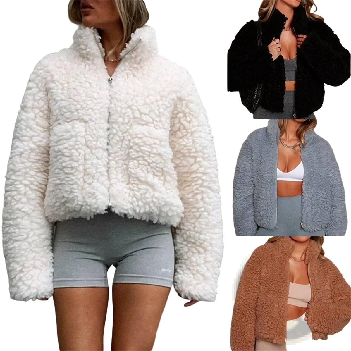 White fluffy shearling style cropped jacket with high collar and front zipper for women winter wear