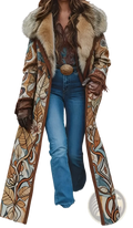 A long women’s woolen overcoat with a fur collar and intricate leaf patterns in brown beige and teal tones