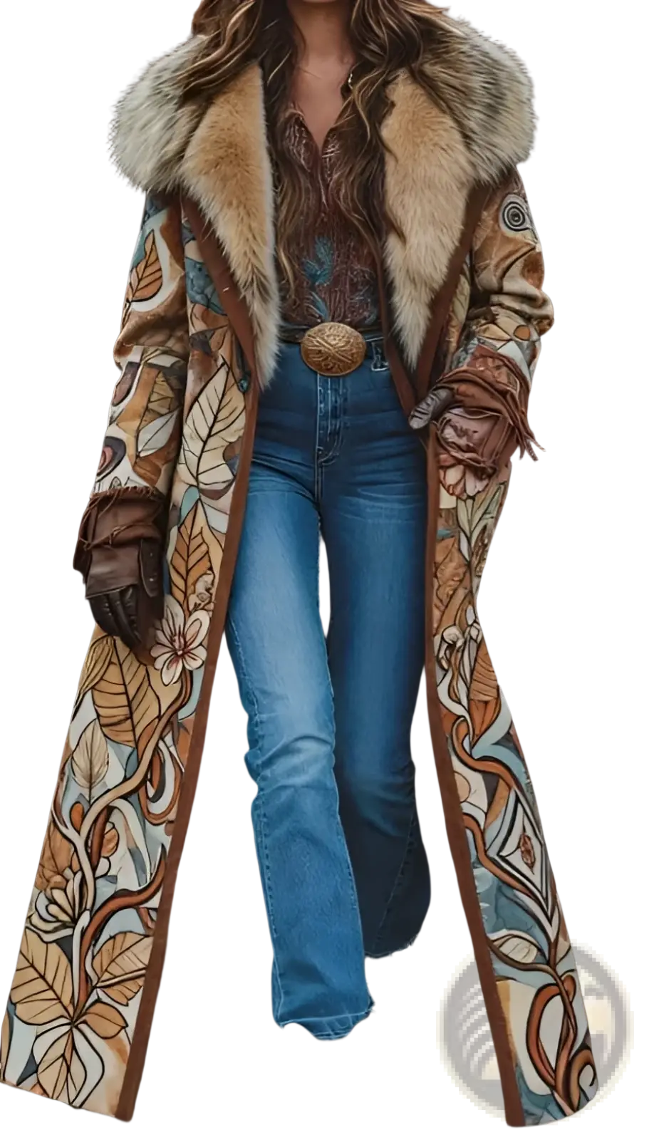 A long women’s woolen overcoat with a fur collar and intricate leaf patterns in brown beige and teal tones