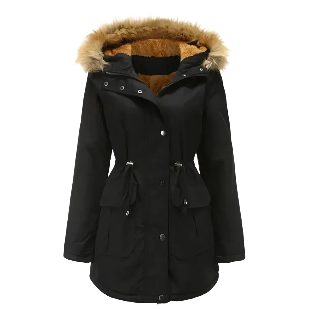 Black women’s winter parka jacket with plush tan fur-lined hood and front button closure for cold weather use