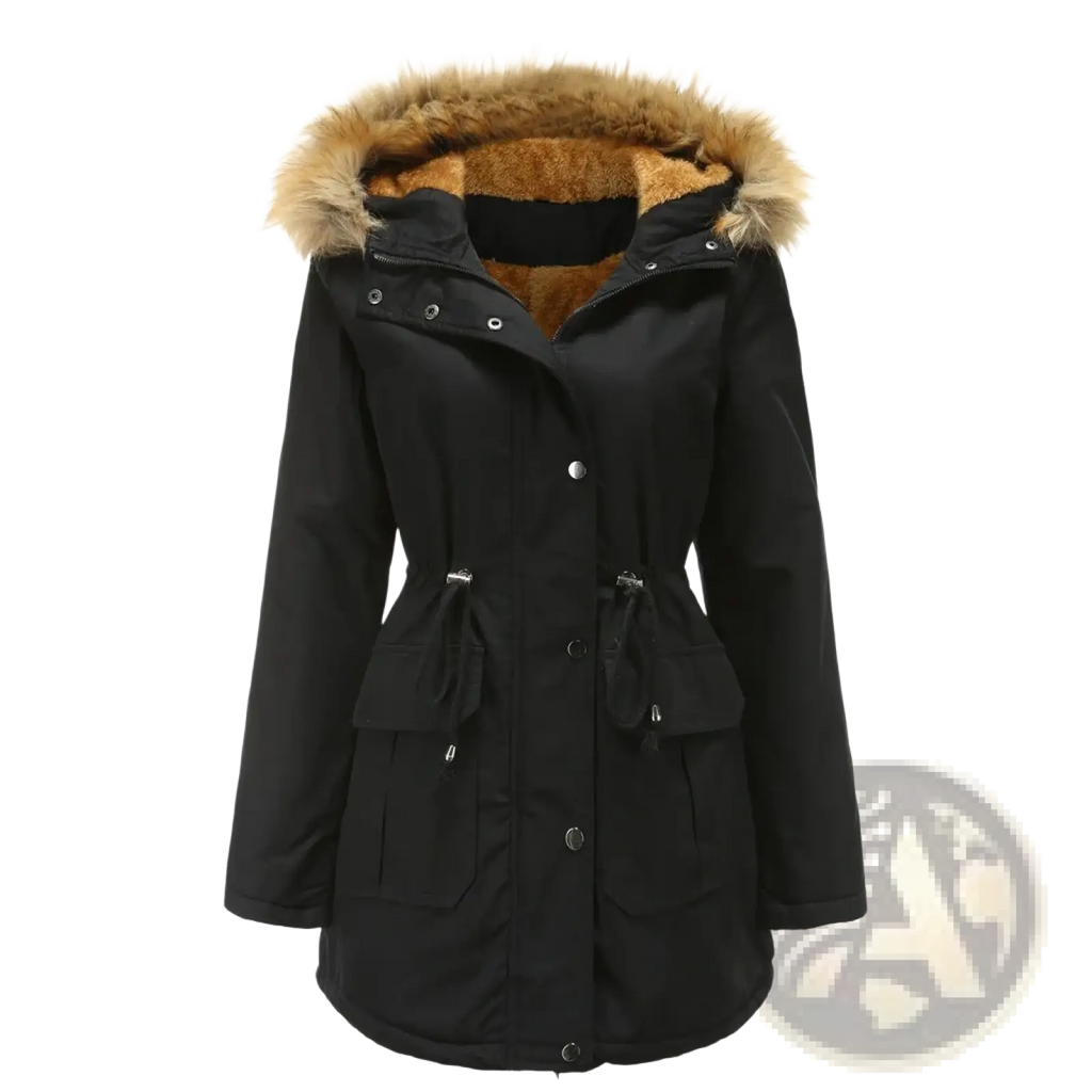 Black women’s winter parka jacket with tan faux fur-lined hood and silver-toned buttons for cold weather use