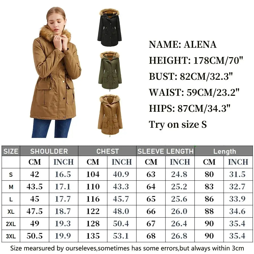 Brown alena women’s fur collar winter parka jacket with a fur-lined hood and front pockets for cold weather