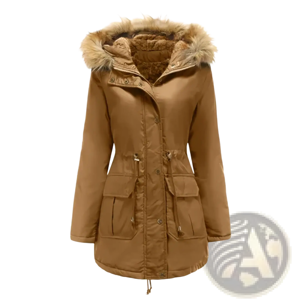 Tan women’s winter parka jacket with a fur-lined collar and two front pockets for cold weather use
