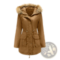Tan women’s winter parka jacket with a fur-lined collar and two front pockets for cold weather use