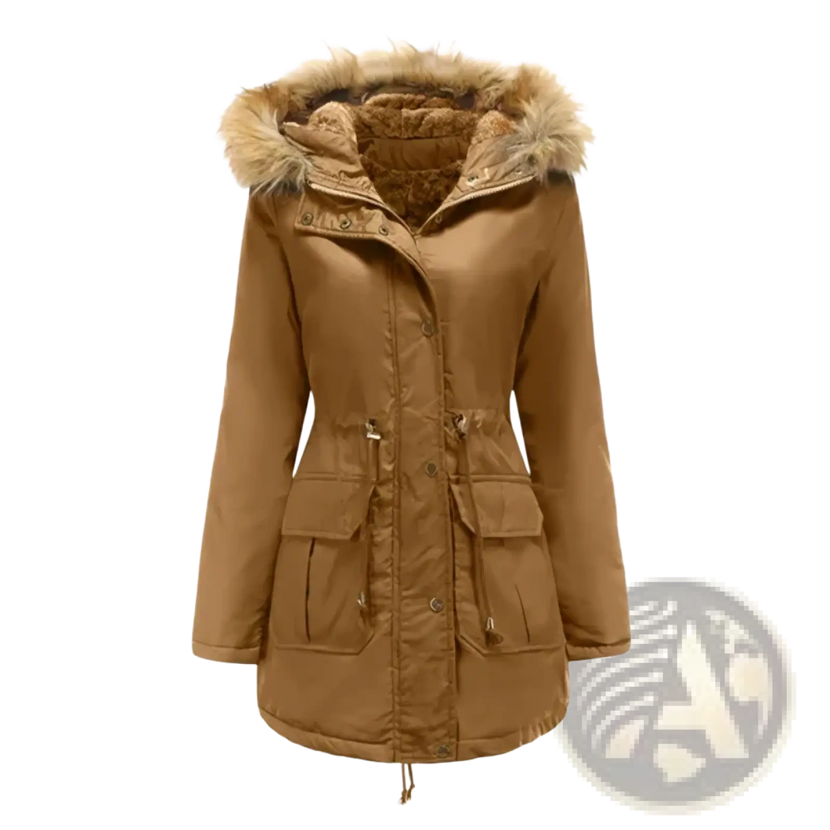 Tan women’s winter parka jacket with a fur-lined collar and two front pockets for cold weather use
