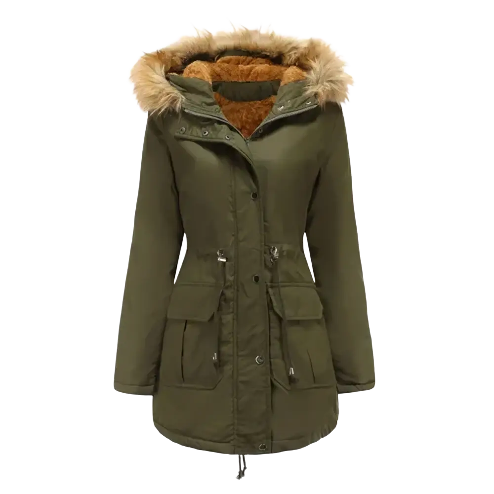 Olive green women’s winter parka jacket with fur-lined hood and multiple front pockets for cold weather