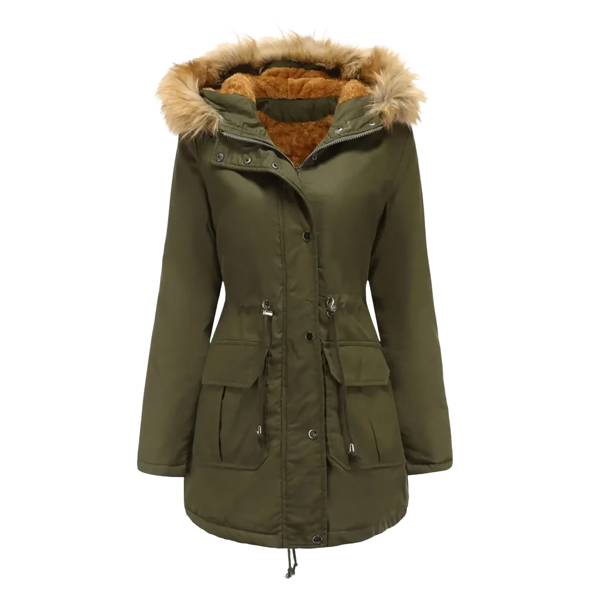 Olive green women’s winter parka jacket with fur collar hood and multiple front pockets for cold weather use