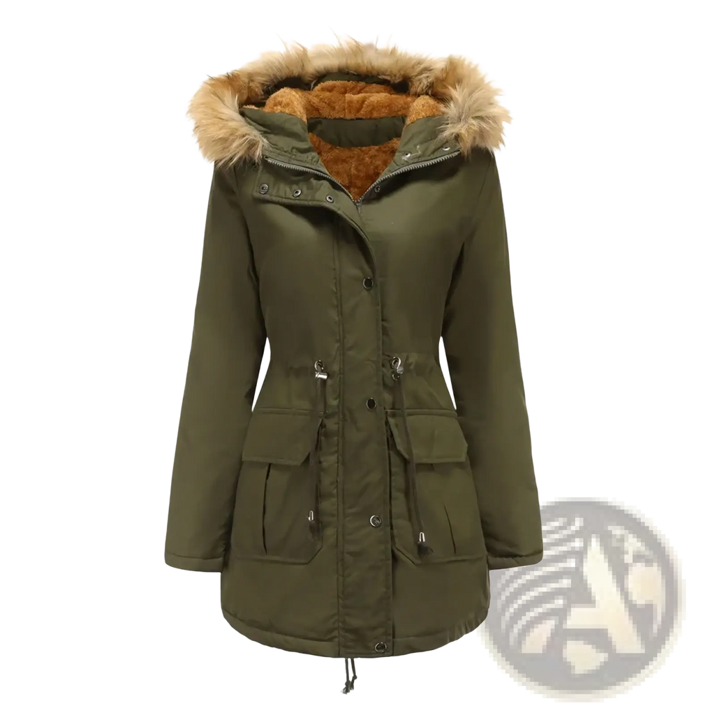 Olive green women’s winter parka jacket with fur collar hood and multiple front pockets for cold weather use