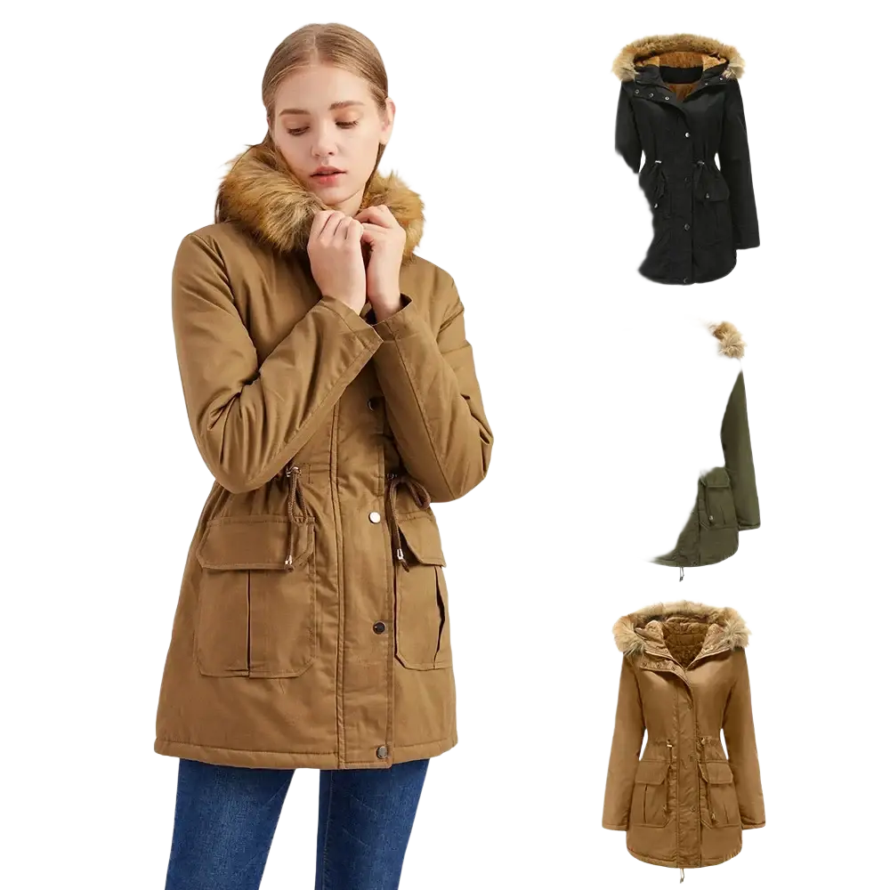 Tan women’s fur collar winter parka jacket with plush fur-lined hood and multiple front pockets for cold weather