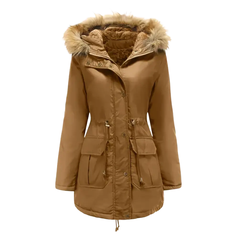 Tan women’s winter parka jacket with a fur-lined collar and two front pockets for cold weather use