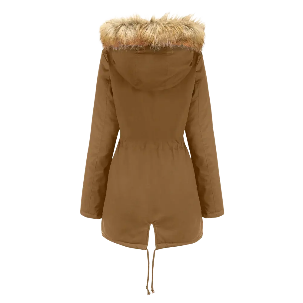 Tan hooded women’s winter parka jacket with fluffy beige fur collar trim and adjustable drawstring waist for cold weather