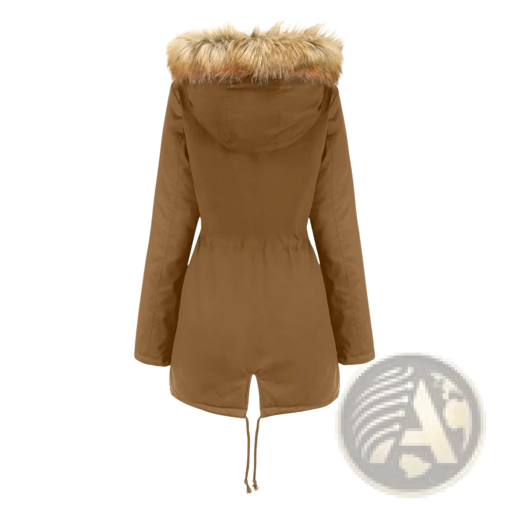 Tan hooded women’s winter parka jacket with fluffy beige fur collar trim and adjustable drawstring waist for cold weather