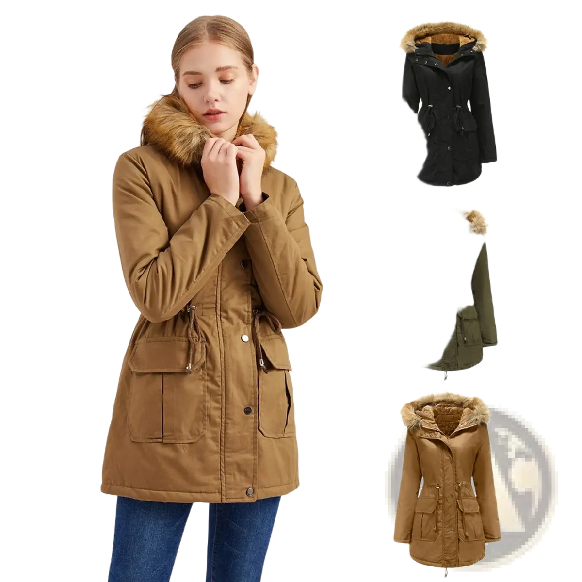 Tan women’s fur collar winter parka jacket with plush fur-lined hood and multiple front pockets for cold weather