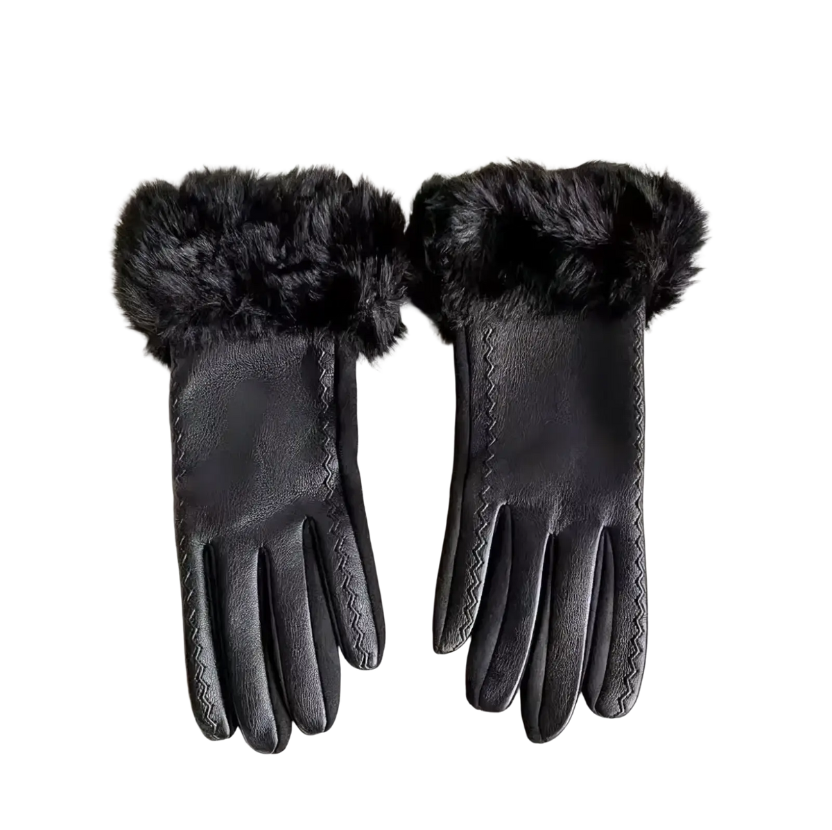 Black leather womens winter gloves with plush black fur trim and zigzag stitching on the back side