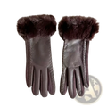 Women’s brown leather winter gloves with plush dark fur trim at the wrist for warmth and style