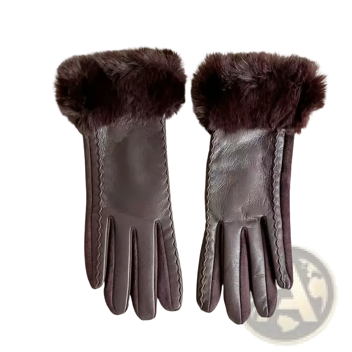 Women’s brown leather winter gloves with plush dark fur trim at the wrist for warmth and style