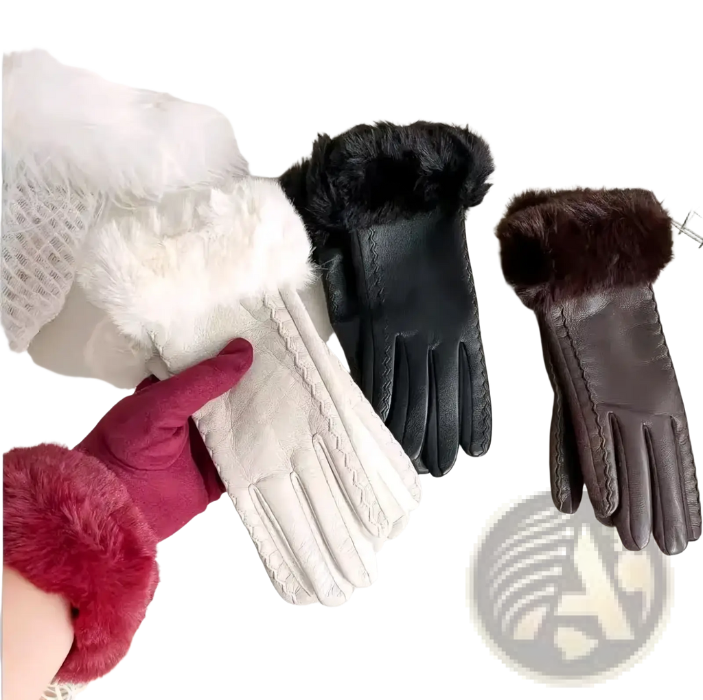 Women’s fur-lined winter leather gloves in white black and brown with braided design on the back side