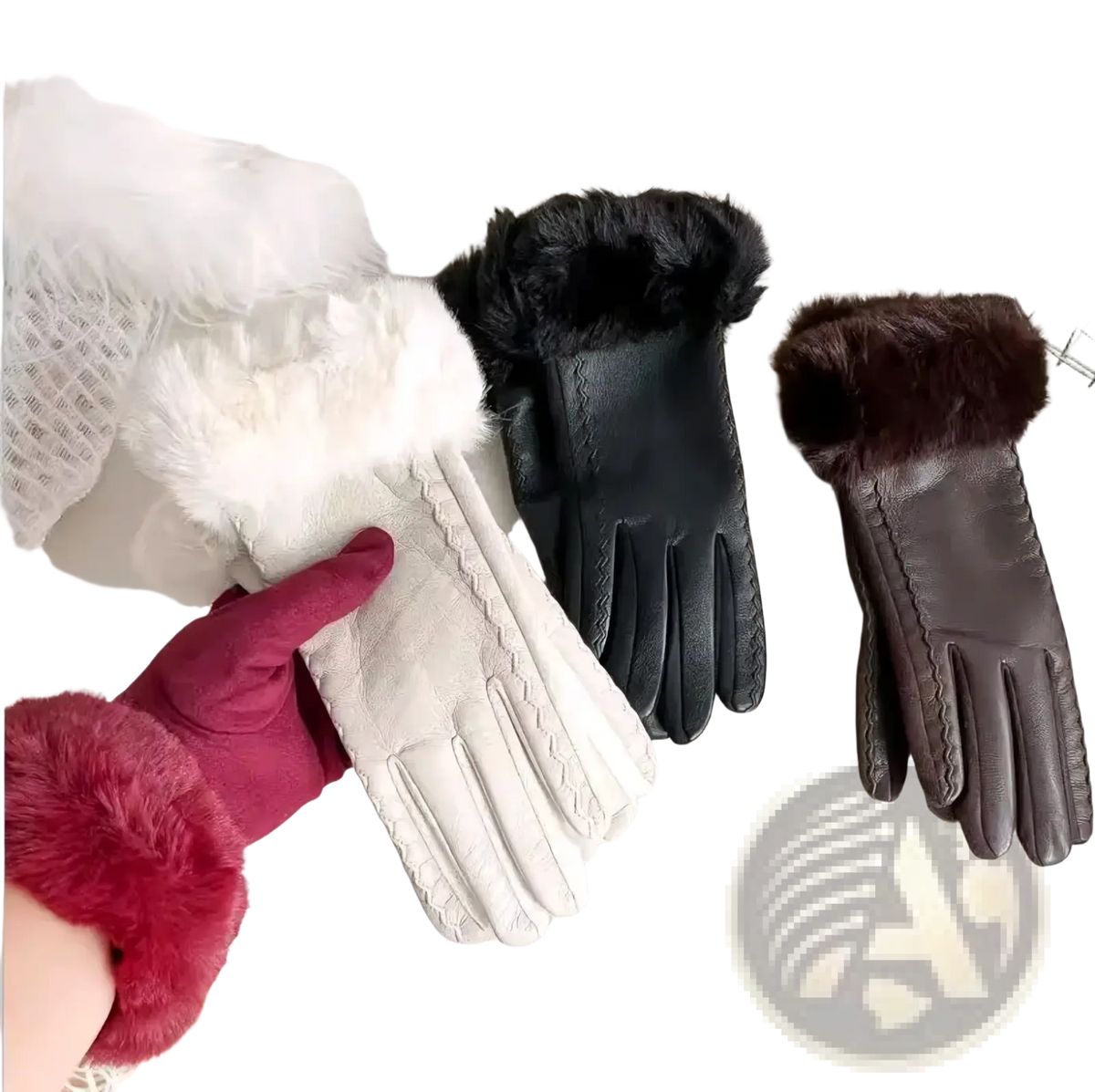 Women’s fur-lined winter leather gloves in white black and brown with braided design on the back side