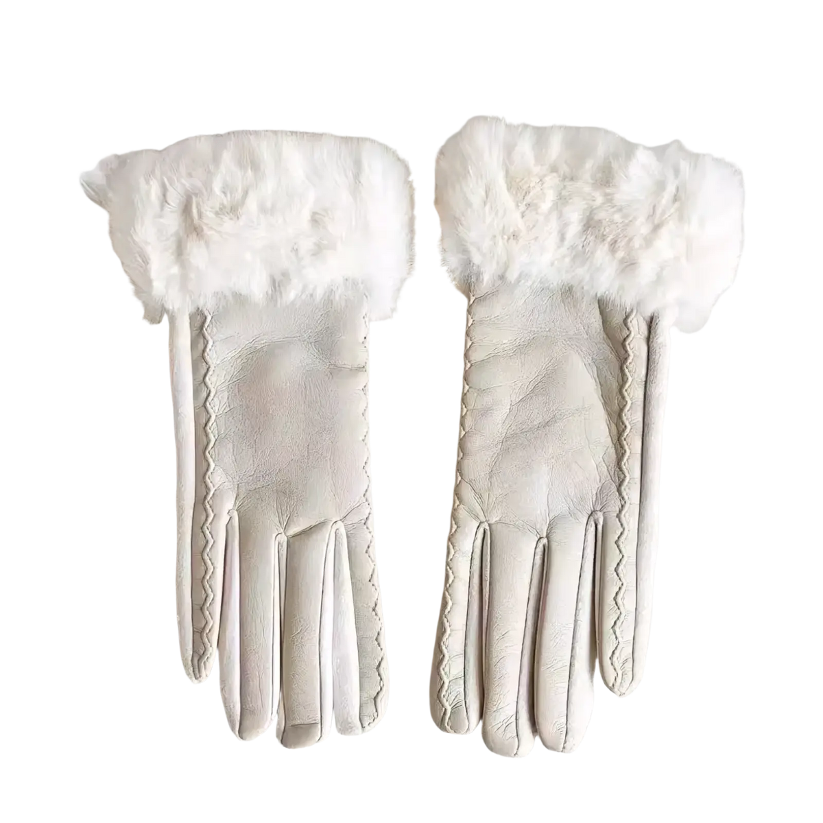 Women’s cream-colored leather gloves with fur-lined cuffs and decorative zigzag stitching for winter use