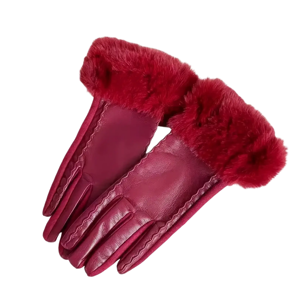 Women’s fur-lined winter leather gloves in deep red with plush matching fur trim along the wrists