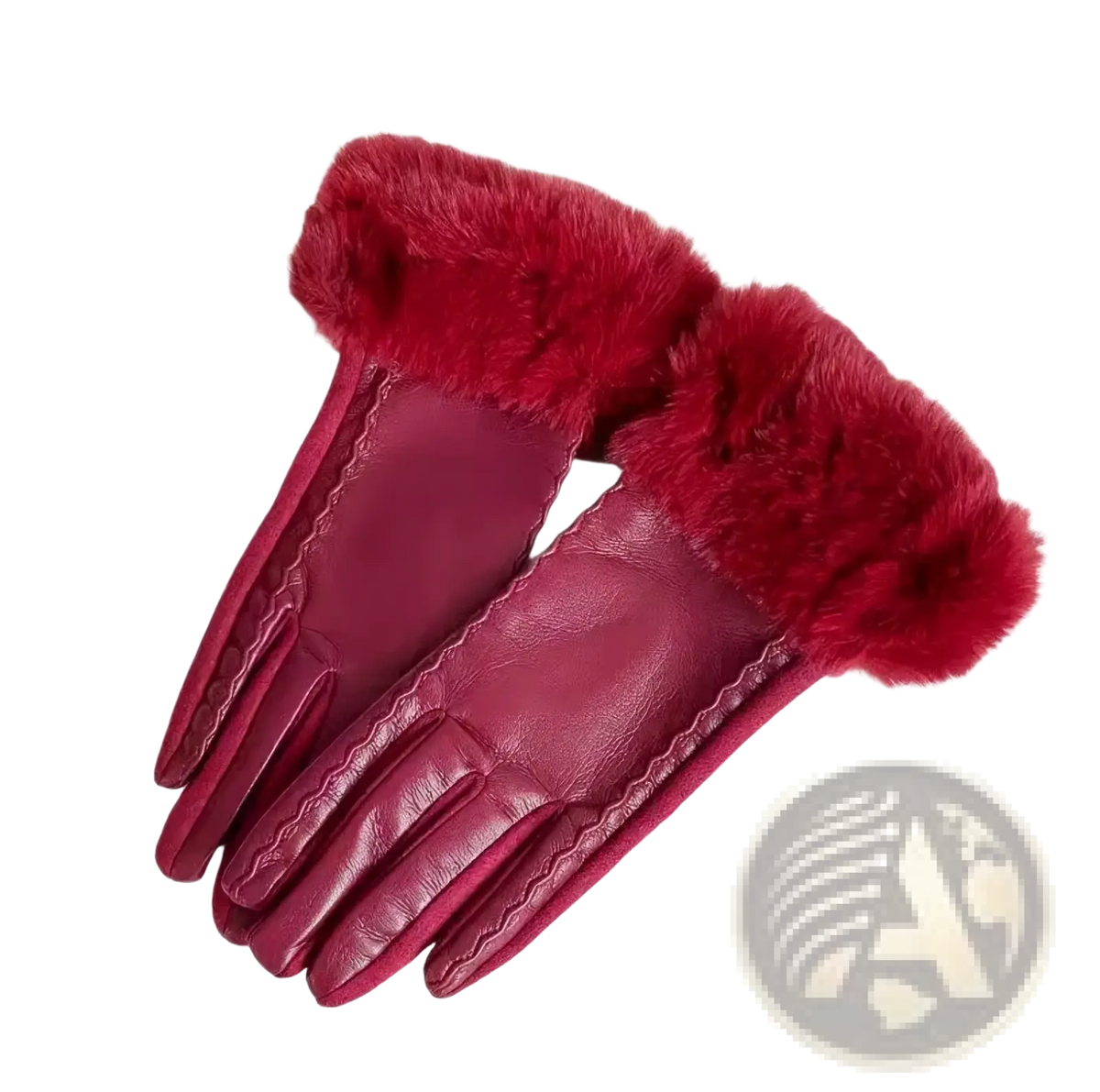 Women’s fur-lined winter leather gloves in deep red with plush matching fur trim along the wrists