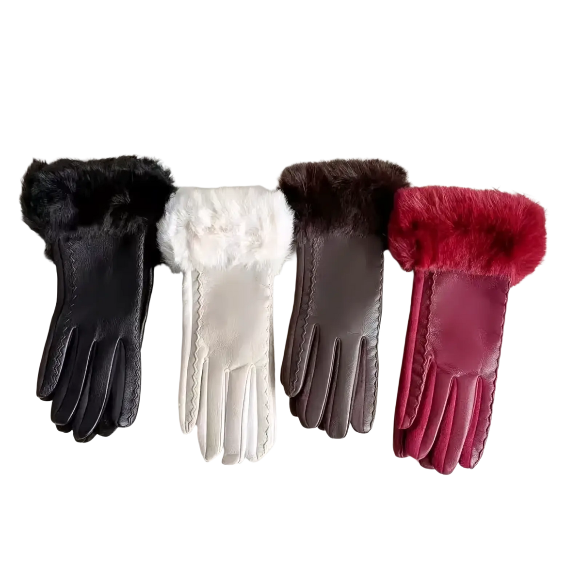 Four pairs of women’s fur-lined winter leather gloves in black white brown and red with plush fur cuffs