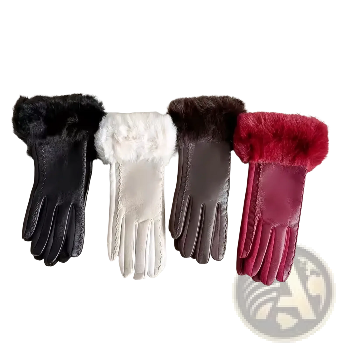 Four pairs of women’s fur-lined winter leather gloves in black white brown and red with plush fur cuffs
