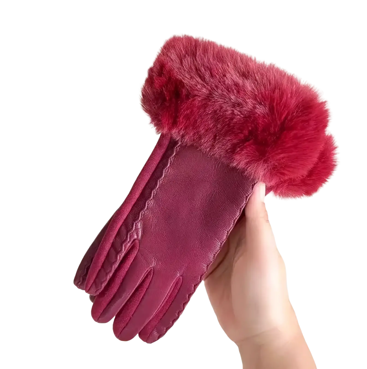 A pair of women’s fur-lined winter leather gloves in burgundy with vibrant red faux fur cuffs visible from the back side
