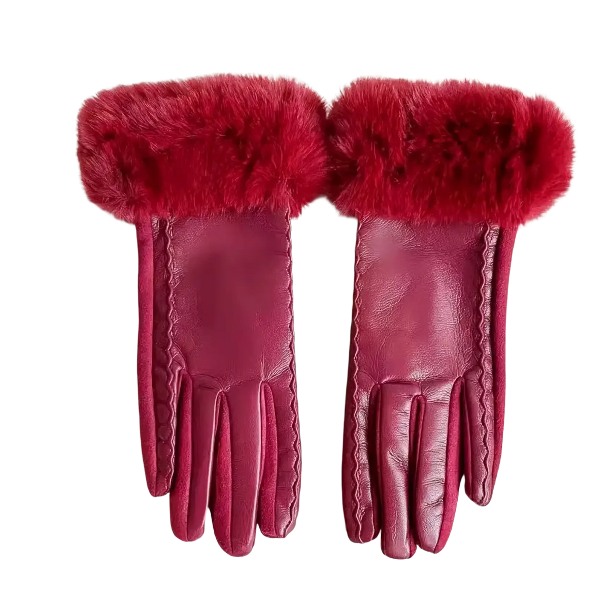 A pair of women’s burgundy leather gloves with plush red fur cuffs and decorative stitching for winter use