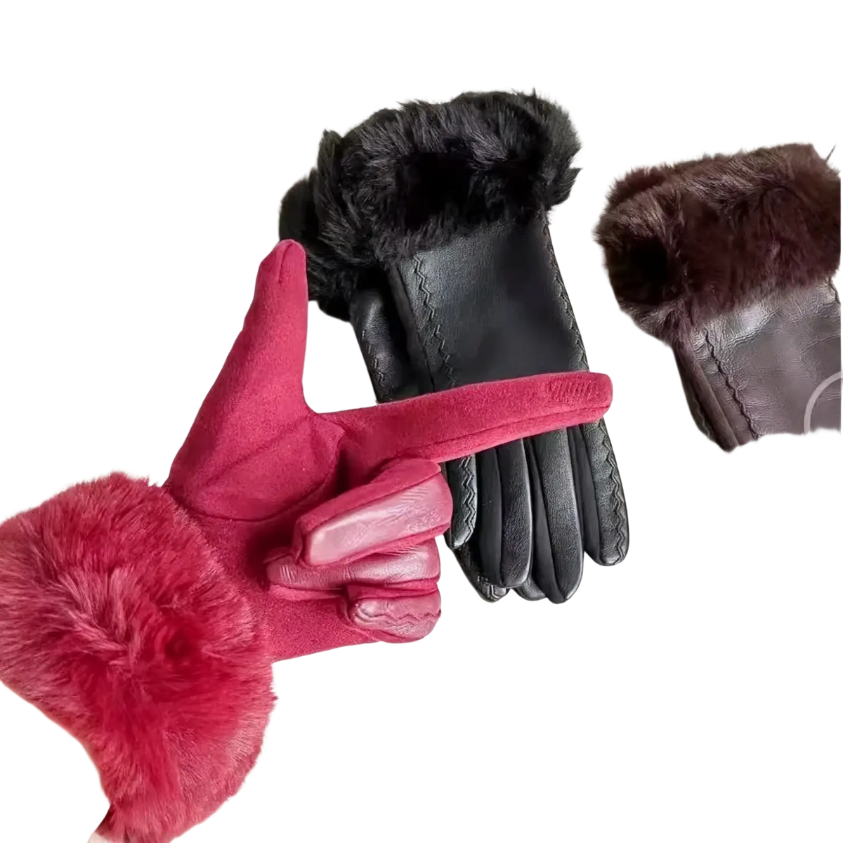 A plush red womens fur-lined winter leather glove with suede texture and stitched detailing shown from the back side