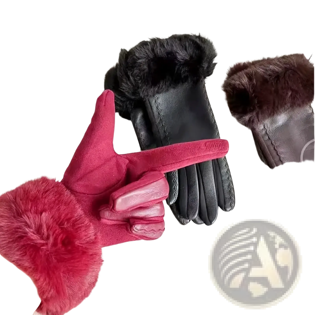 A plush red womens fur-lined winter leather glove with suede texture and stitched detailing shown from the back side