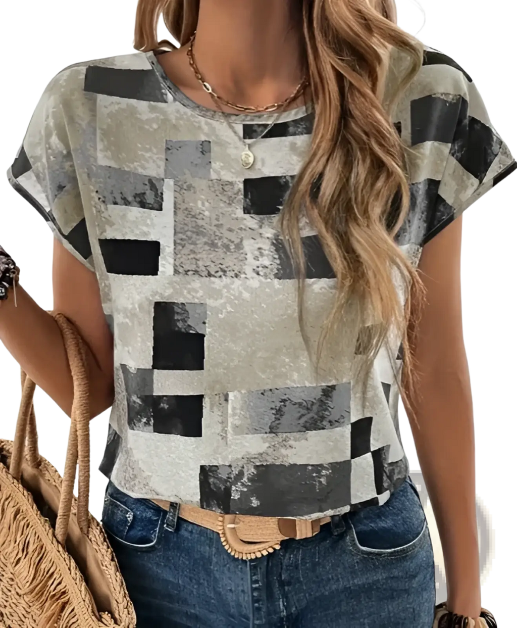 Women’s geometric Aztec print short sleeve summer t-shirt with black and gray pattern on light beige fabric