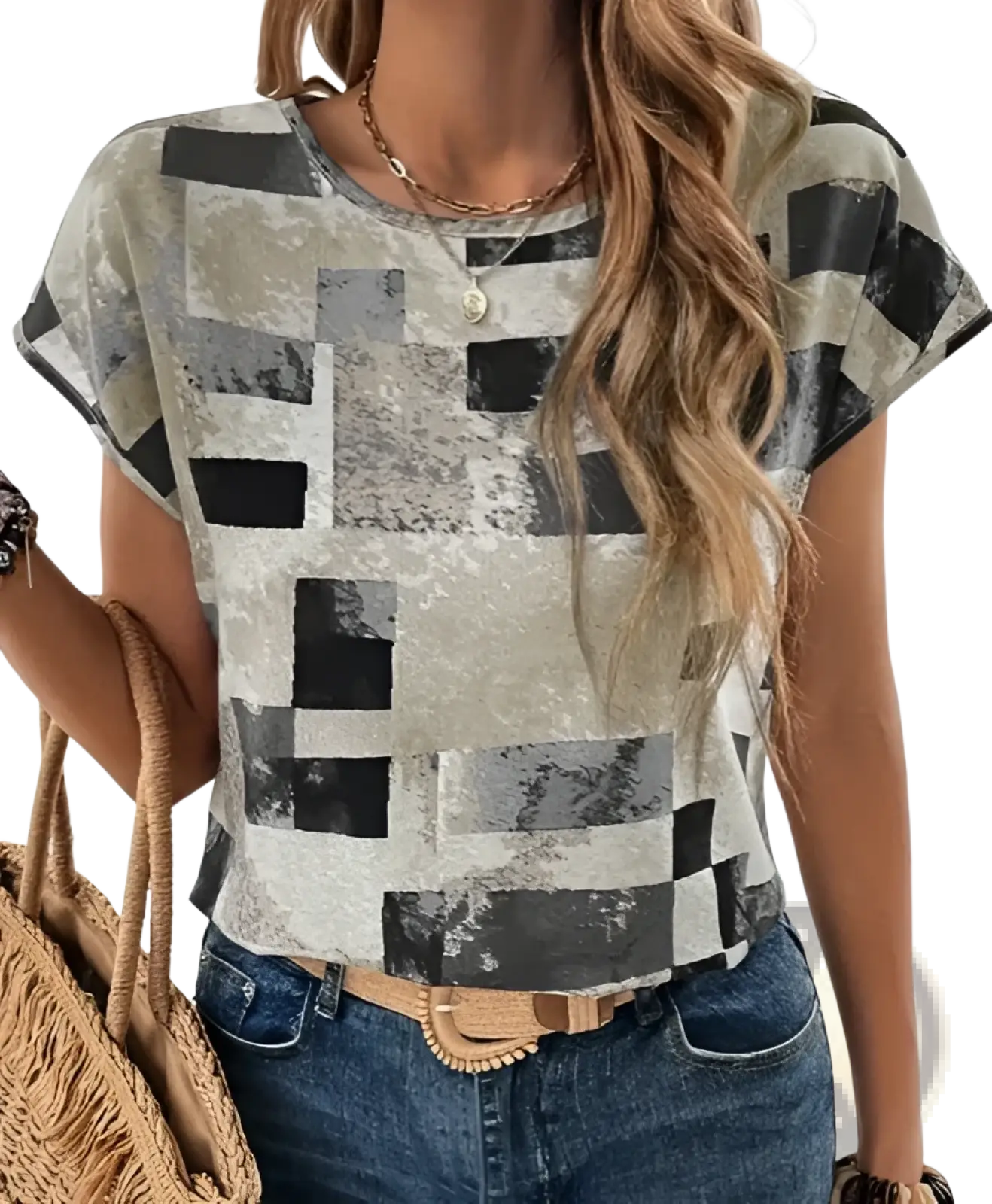 Women’s geometric Aztec print short sleeve summer t-shirt with black and gray pattern on light beige fabric
