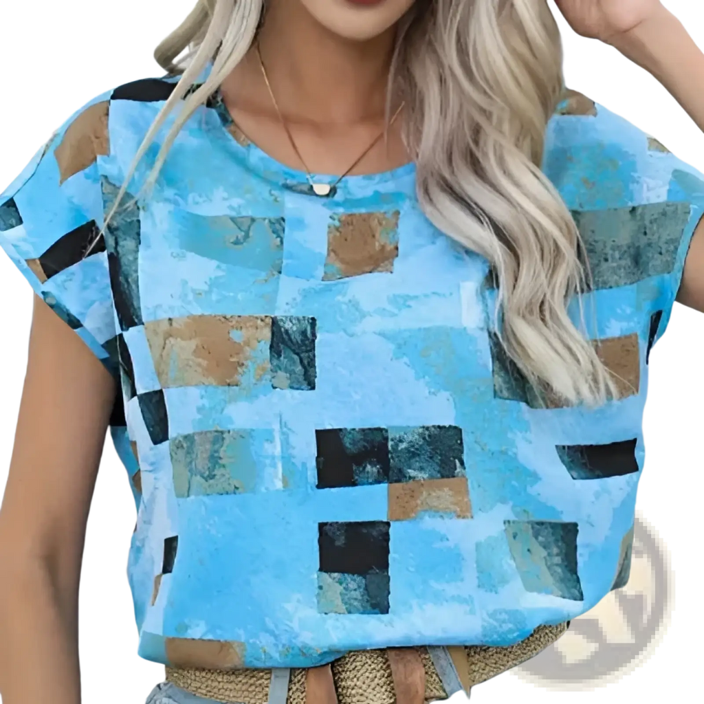 Women’s geometric Aztec print short sleeve summer T-shirt in light blue with brown black and teal square pattern