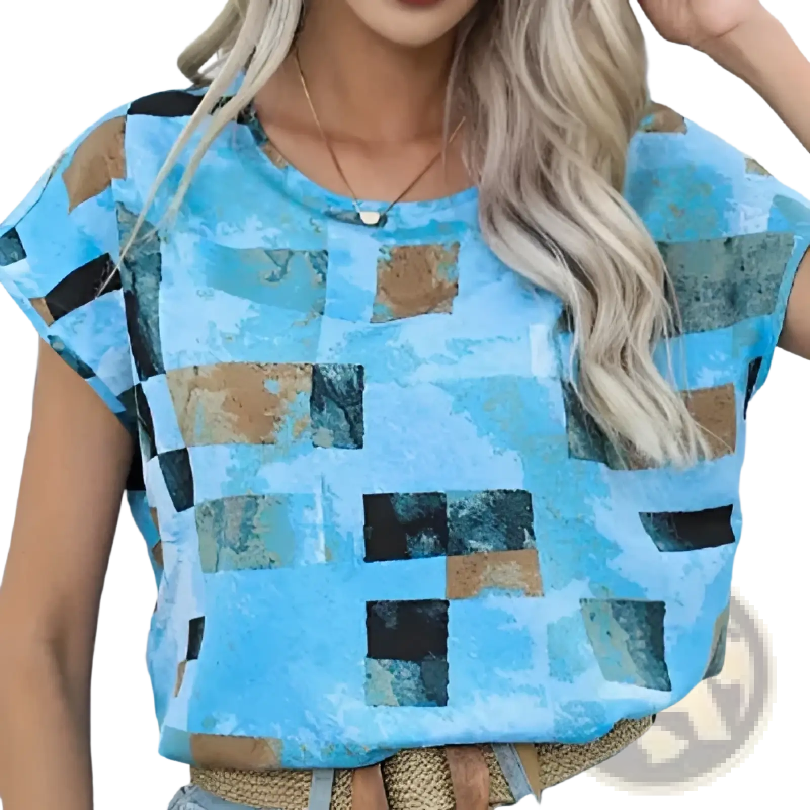 Women’s geometric Aztec print short sleeve summer T-shirt in light blue with brown black and teal square pattern