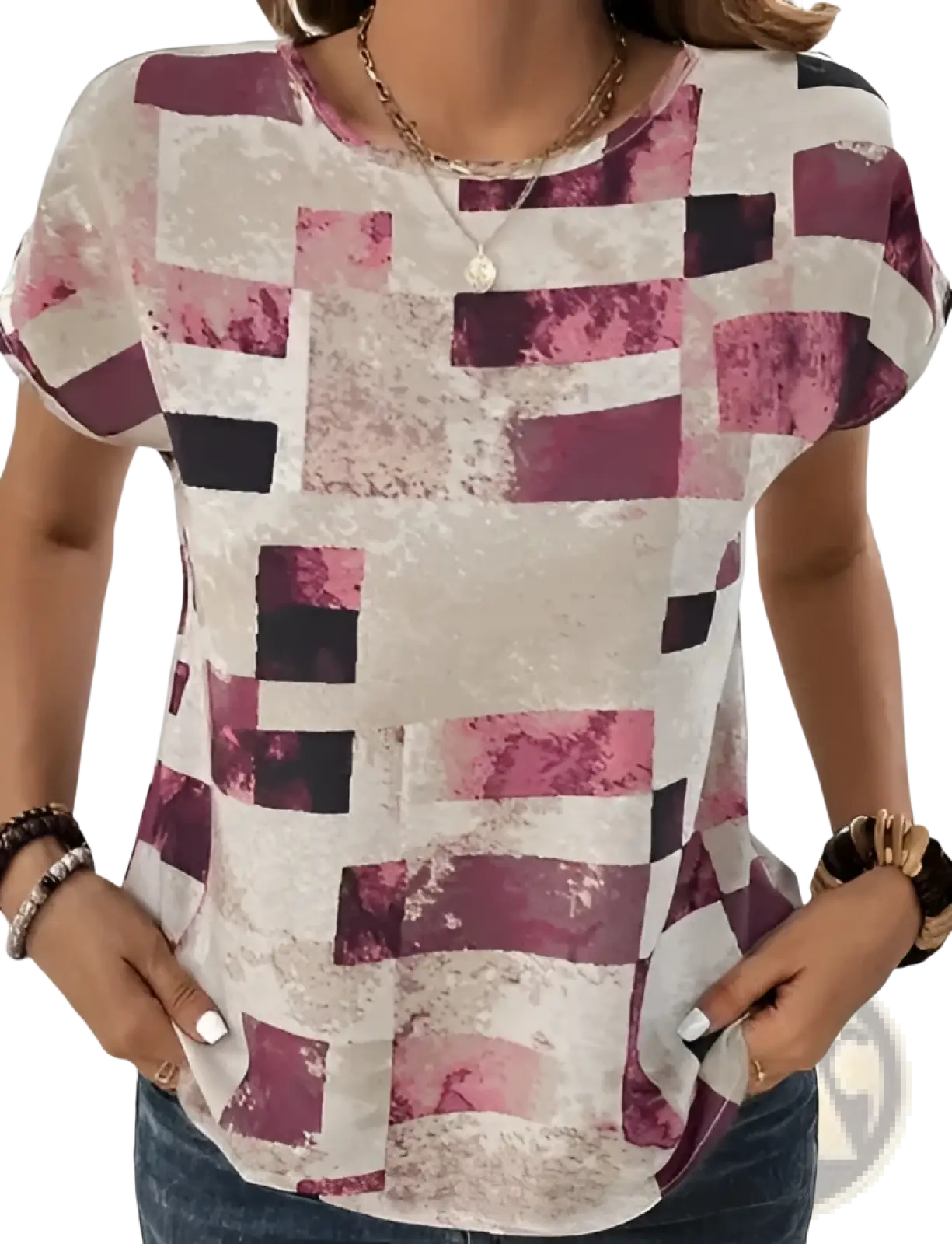 A soft women’s geometric Aztec print short sleeve summer t-shirt in pink black and cream with a textured finish