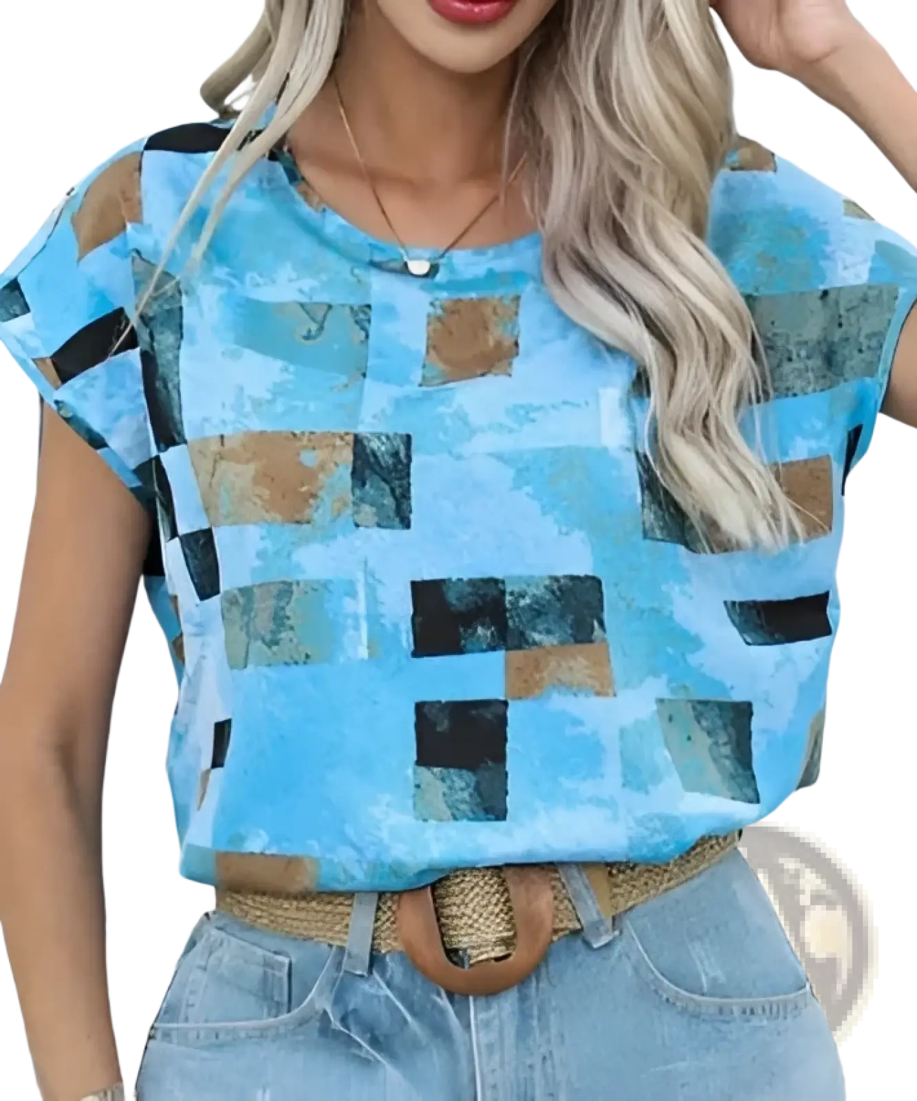Light blue women’s short sleeve summer t-shirt with geometric Aztec print of black brown and teal squares