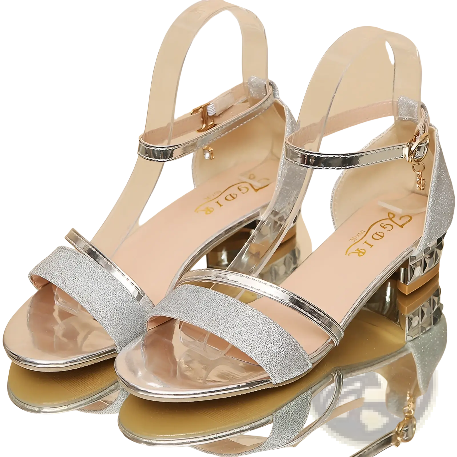 Silver glitter low heel buckle sandals with clear straps and block heel featuring metallic accents for women