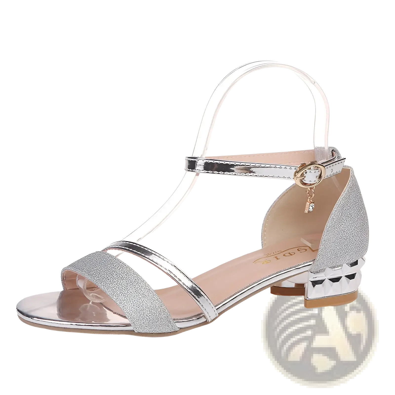 Silver glittery women’s low heel open-toe sandal with clear ankle strap and metallic heel for elegant wear