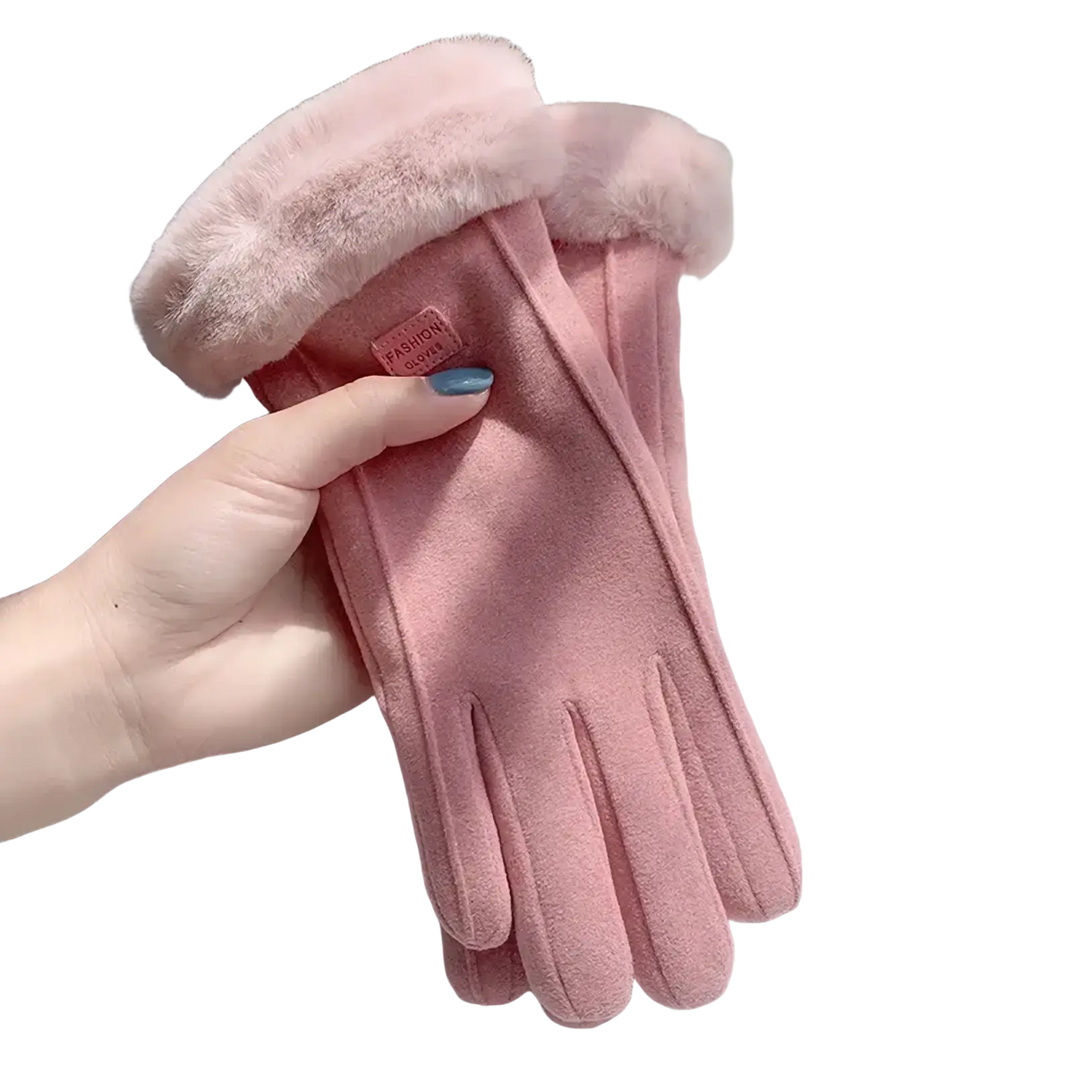 Pink suede winter gloves with fluffy faux fur cuff touch screen finger gloves for cold resistant use