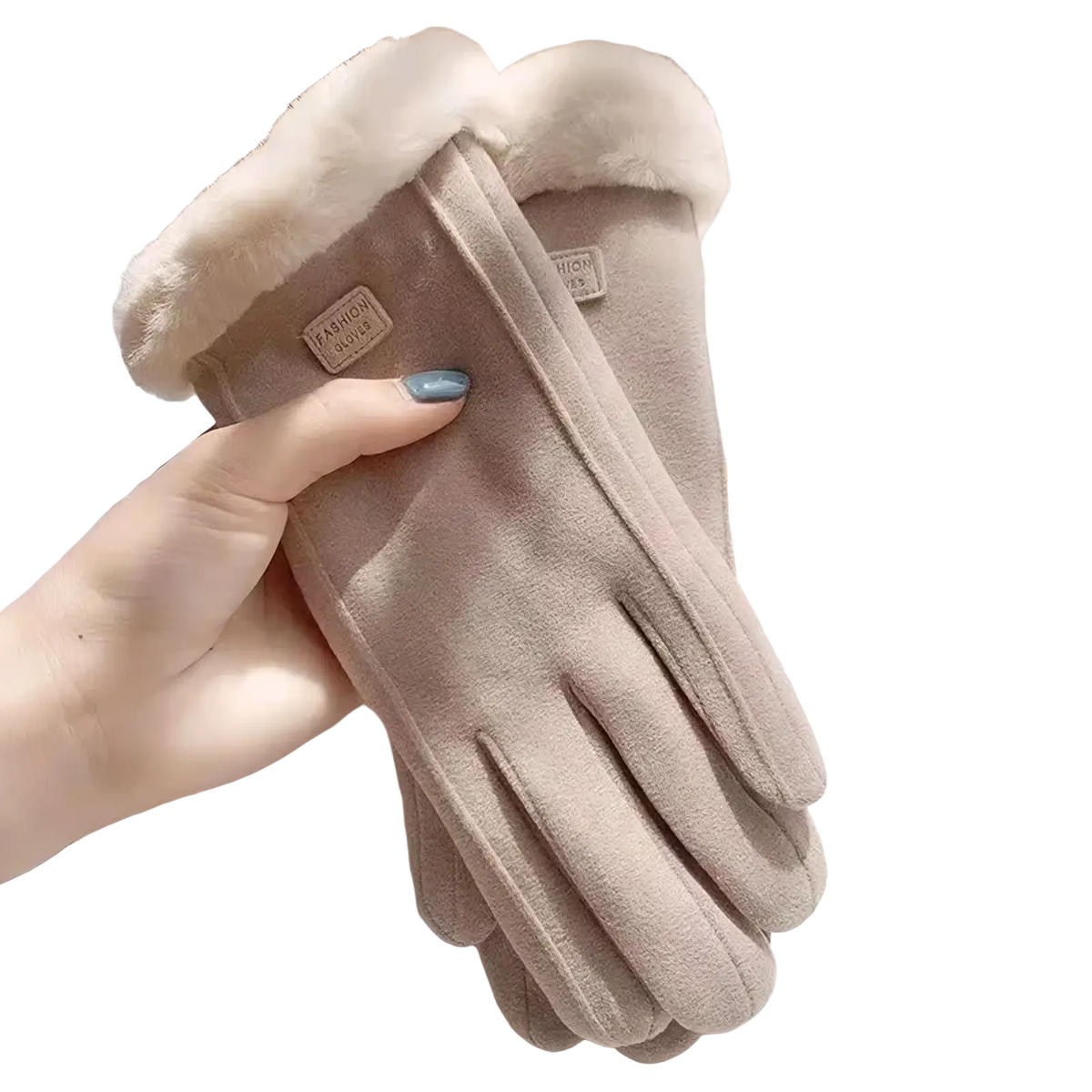 Beige suede women winter touch screen warm gloves with plush white fur lining and fashion queen label on the wrist back side