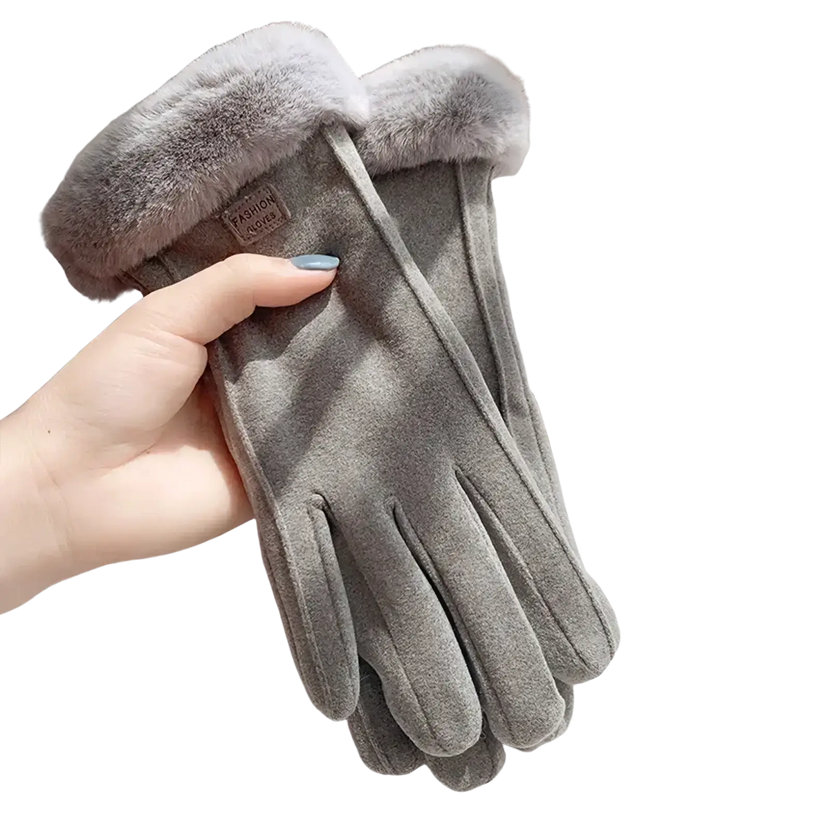 Gray suede winter gloves with light gray plush fur cuff touch screen finger gloves for cold resistant use
