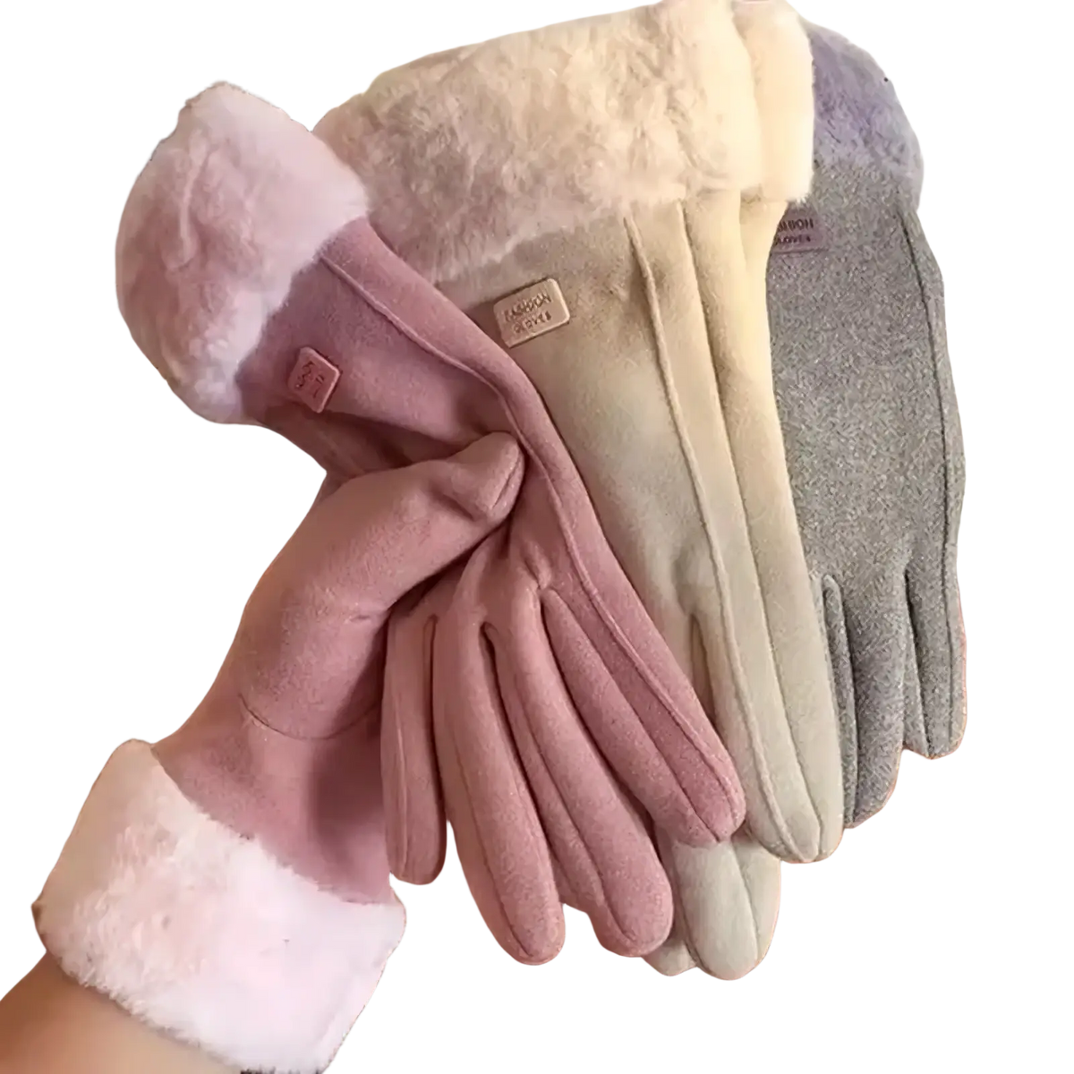 Women winter touch screen warm gloves in soft pink and gray fleece with plush white fur trim for cold weather use