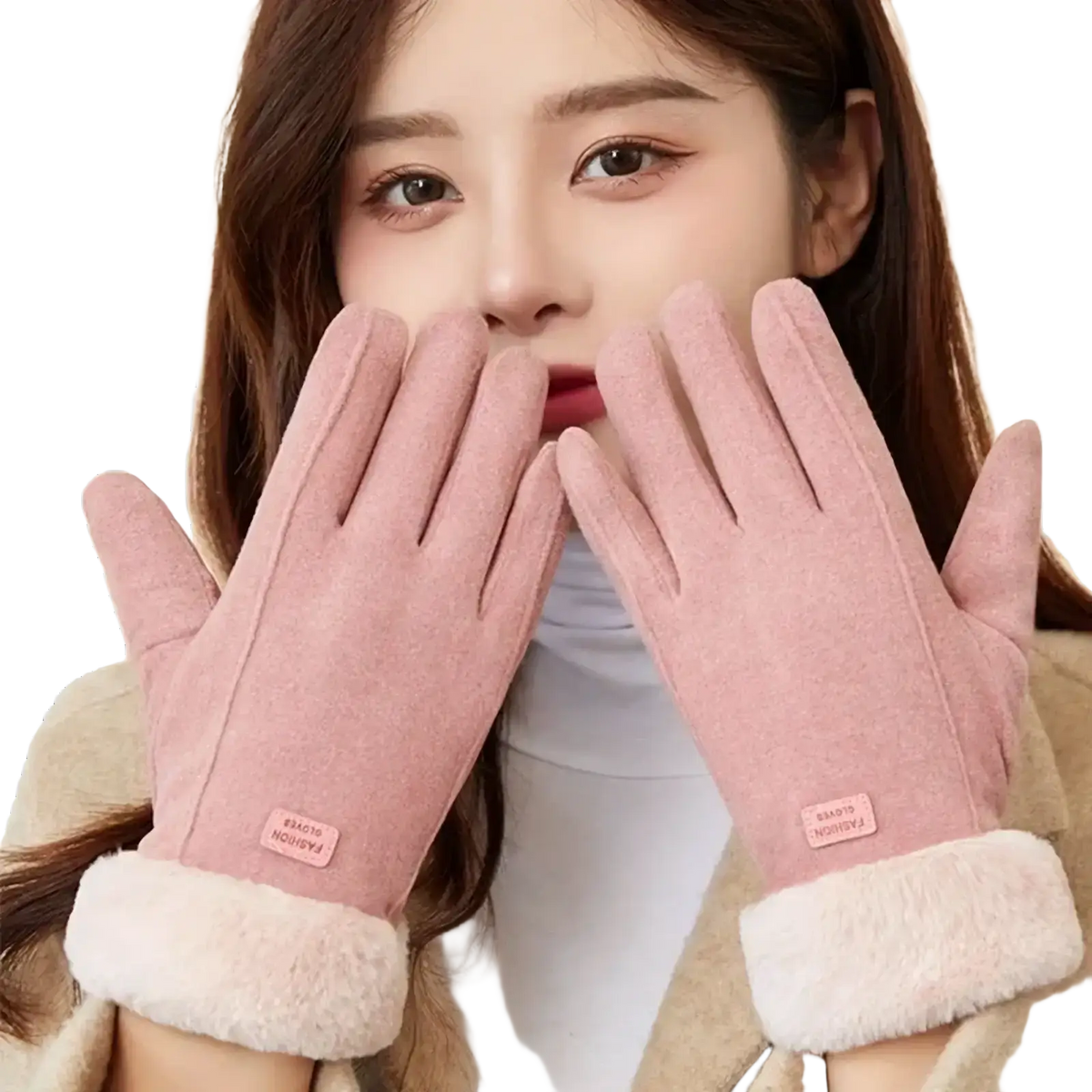 Women’s pink fleece-lined winter gloves with fluffy cuffs touch screen finger gloves for cold resistant use
